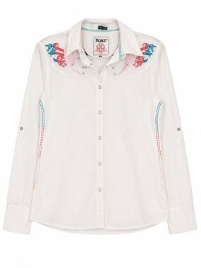 Roar Cotton Blend Embellished Y2K Button-Front Western Shirt with Embroidery-L